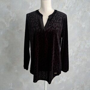 ANNE KLEIN Black Velvet Animal Print Tunic Blouse Top Size Large